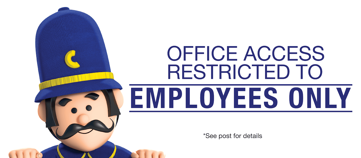 A digital illustration of a cartoon policeman with a large mustache and a blue uniform with a crescent on the hat, standing below a sign stating 'OFFICE ACCESS RESTRICTED TO EMPLOYEES ONLY' with a note to 'See post for details' at the bottom.