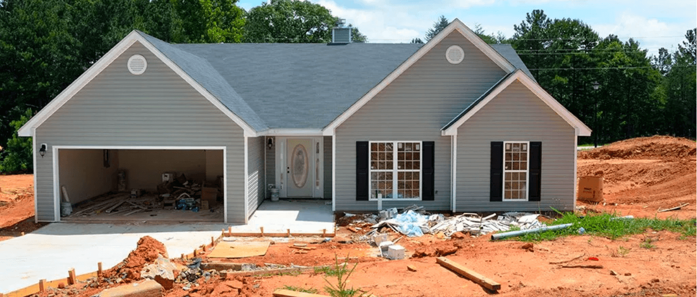 A new, unfinished suburban house with an open garage filled with building materials, located on a construction site with red soil.