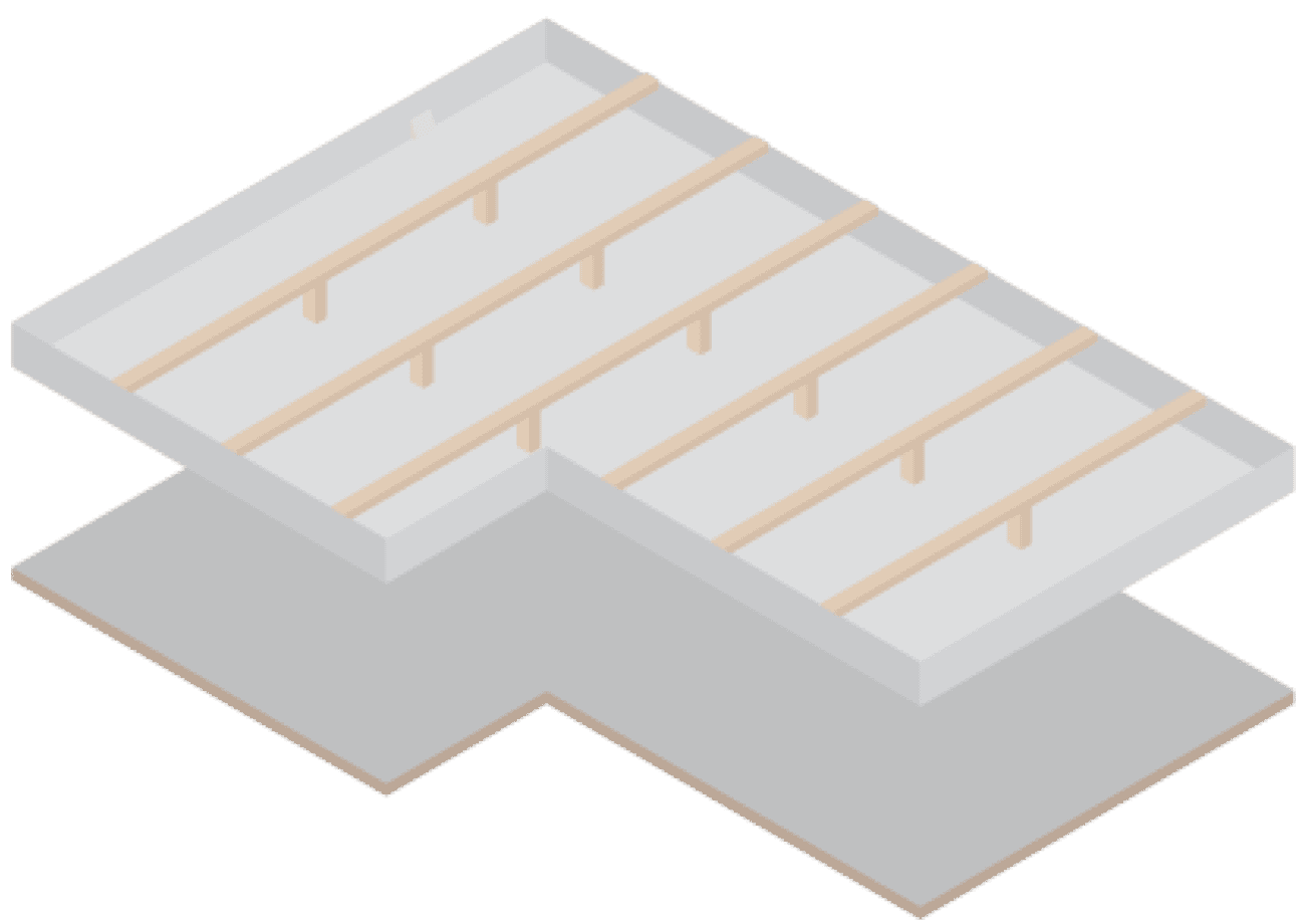 An isometric illustration of a section of a flat basement structure with concrete slabs and wooden beams