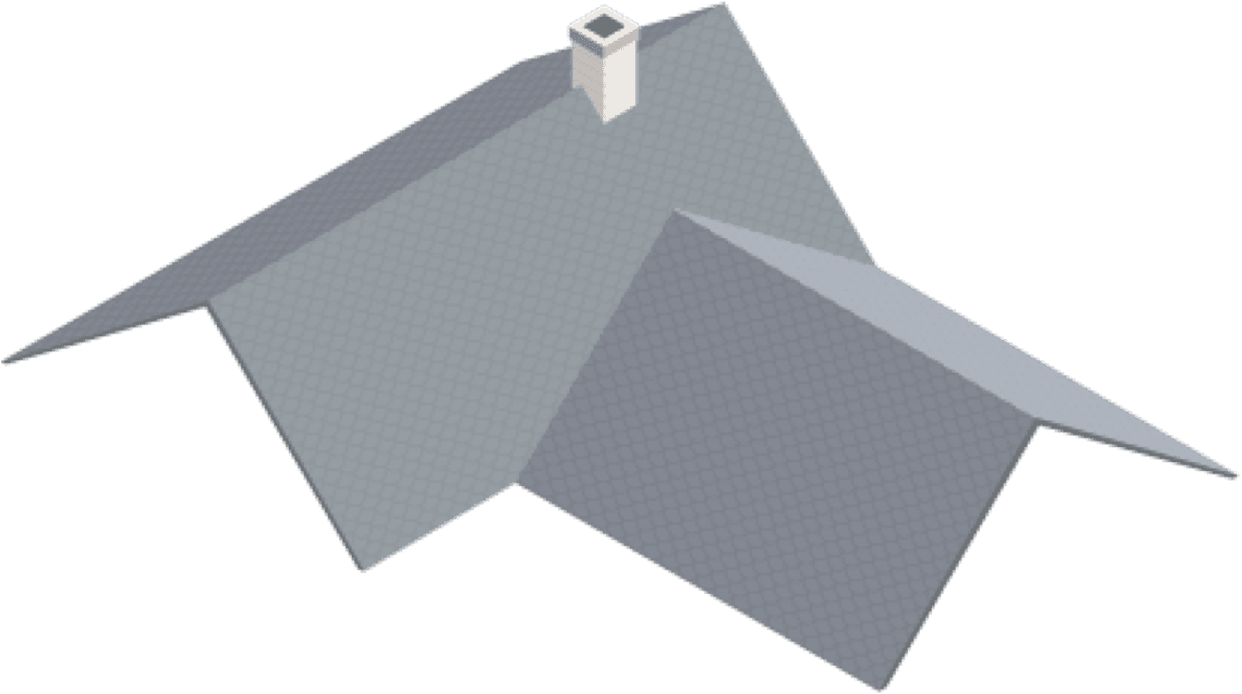 An isometric illustration of a house's grey shingled roof with a chimney, displayed on a plain background.