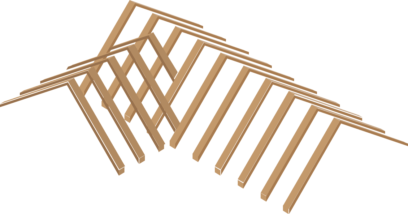 Wooden roof structure on a gray background.