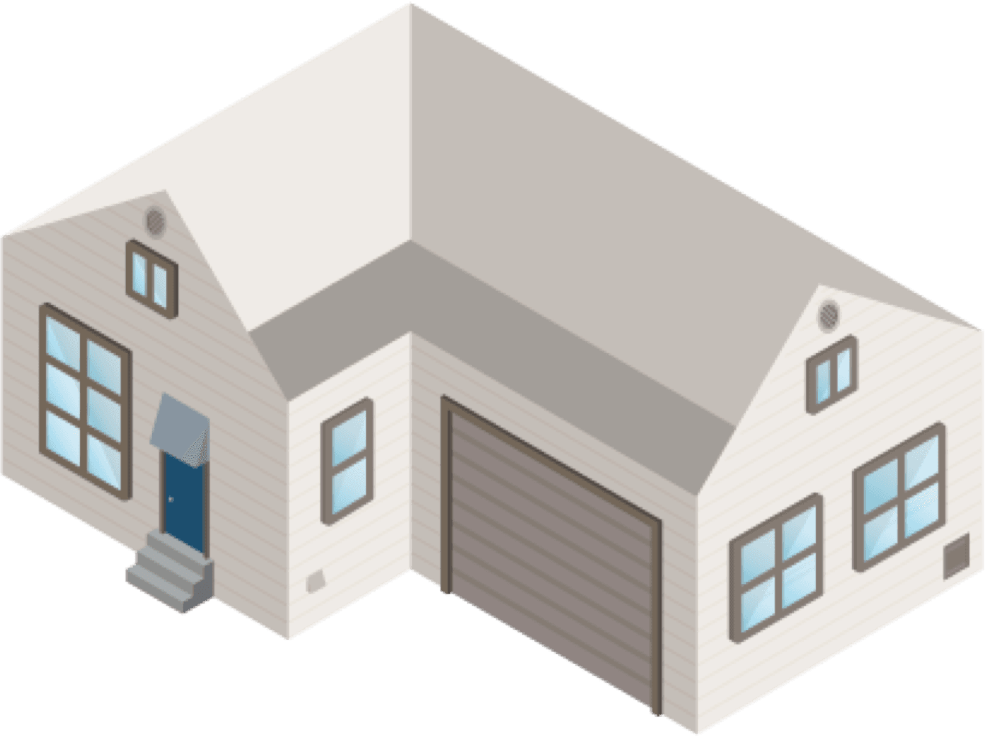 Isometric drawing of a white house with a garage.