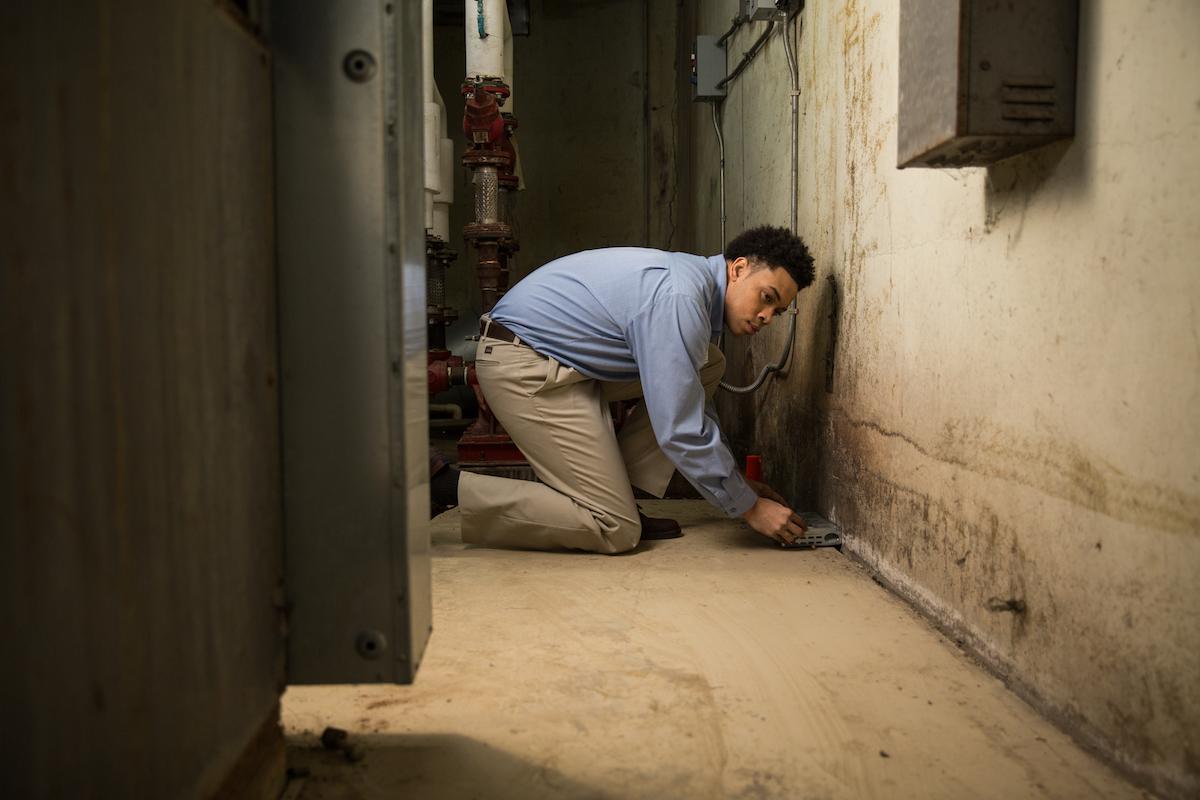 Cook's Pest control worker inspecting a basement corner with a flashlight for signs of infestation