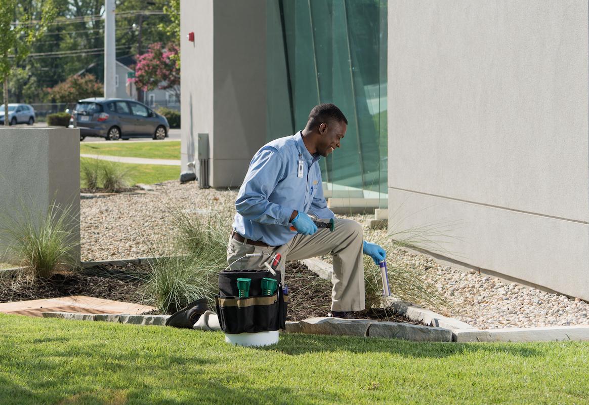 Cook's Pest control professional inspecting outdoor area with equipment on a sunny day.