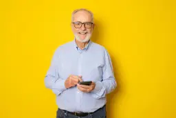 headshot of Smiling senior man holding a phone against a bright yellow backdrop.